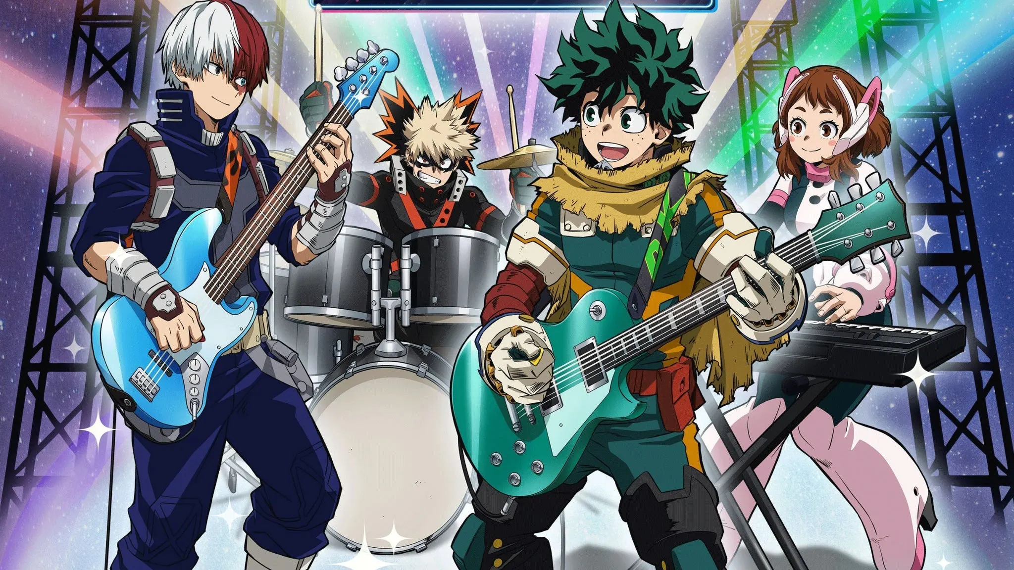 Illustration of My Hero Academia characters Deku, Todoroki, Bakugo and Uraraka playing guitar, bass, drums and keyboard on a concert stage, for the show at the Moore Theatre near Grappa